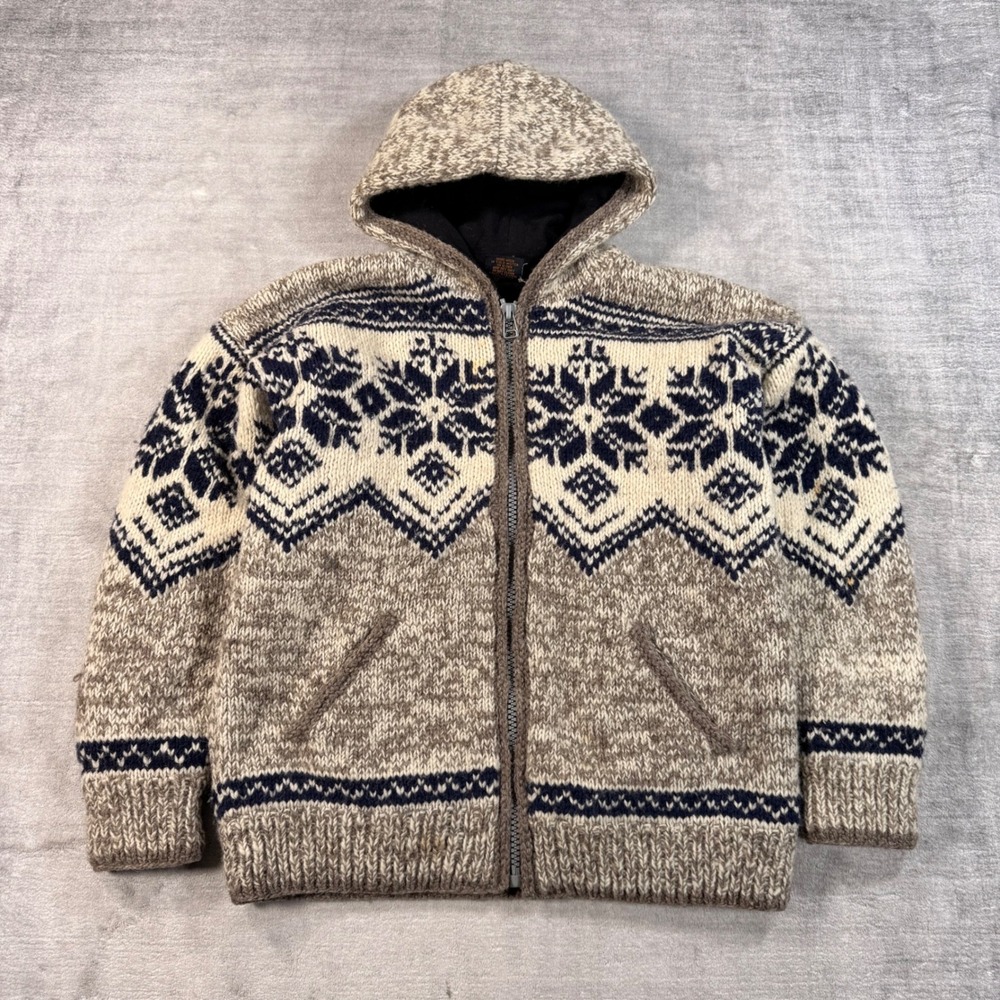 Island Design Jacket Women XL Brown Wool Sweater Fair Isle Hooded Full Zip Knit